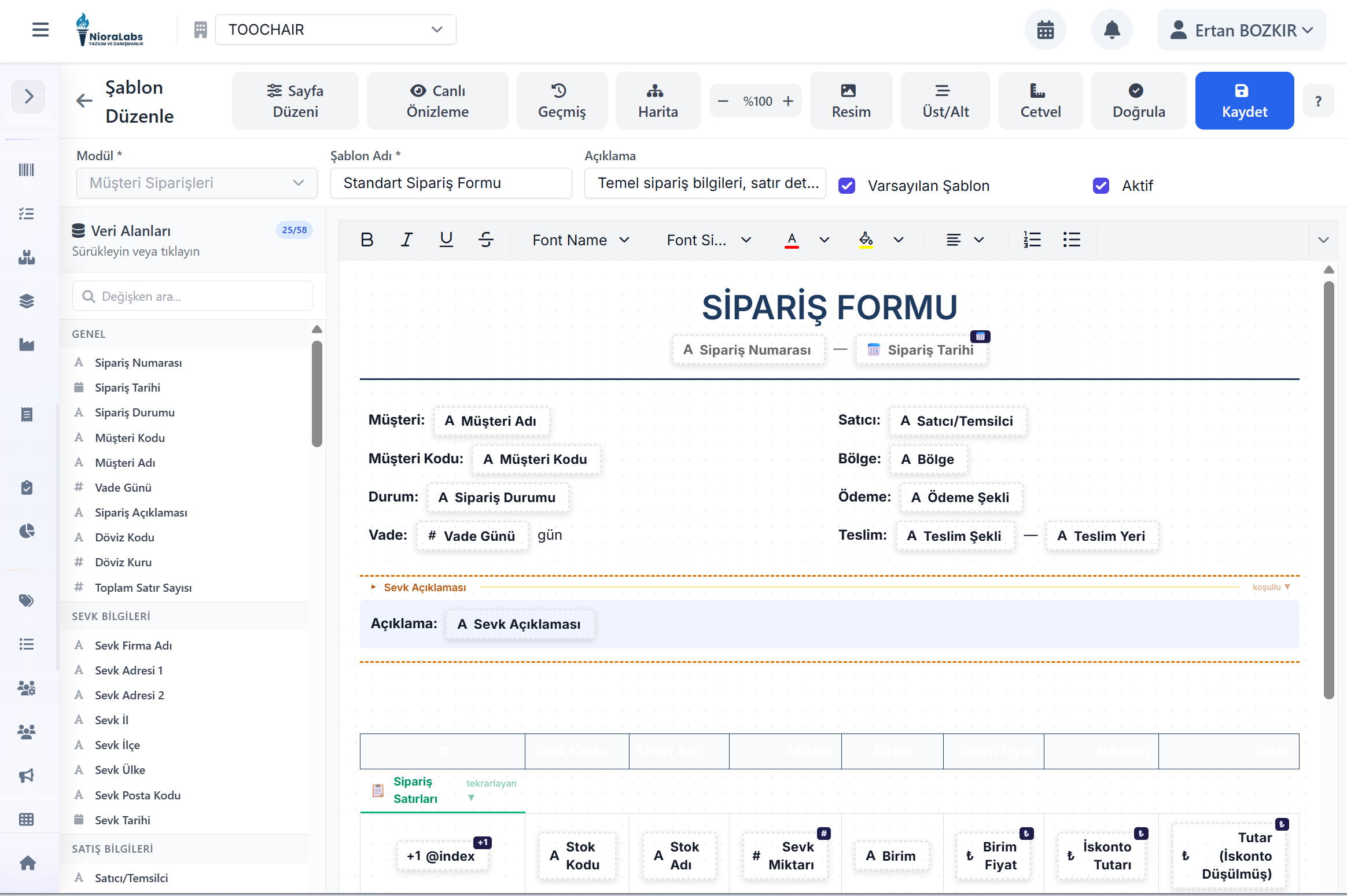 Yazdırma Şablonu Editörü